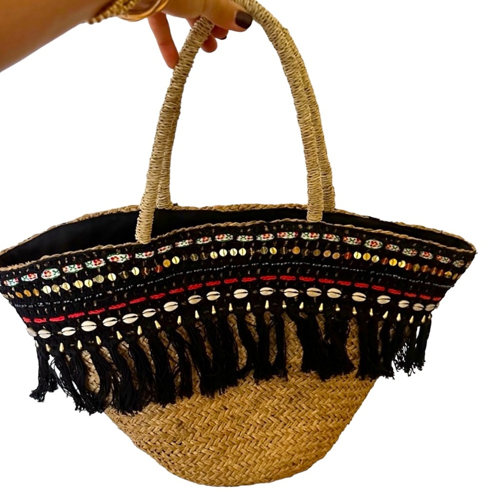 Hand Crafted Woven Straw Shell and Fabric Beach Bag